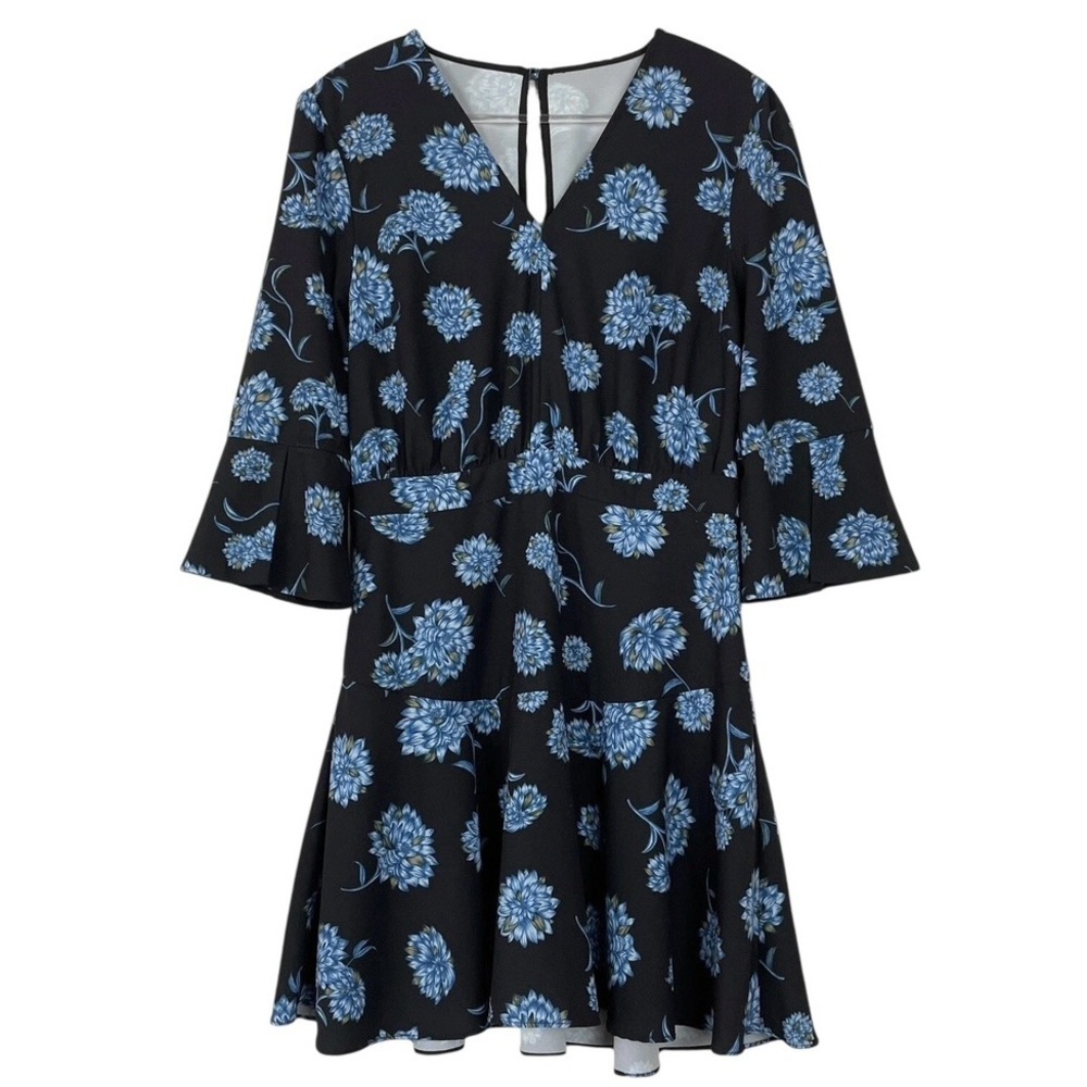Fame & Partners Floral Ruffle Bell Sleeve Keyhole Cocktail Dress Black Blue US 6